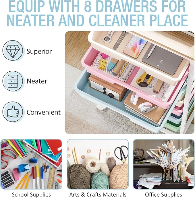 Rolling Storage Cart, Rainbow Cart with 8 Drawers and Wooden Tabletop, Teacher Organization for Classroom, Art Cart for Classroom,Office,Bedroom,Rainbow