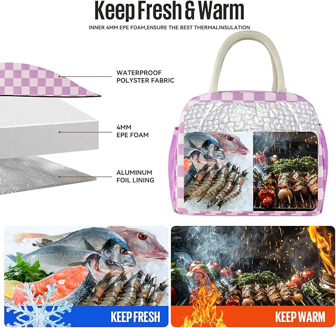 Lunch Bag Women/Men Lunch Box Women/Men (Purple+Pink Checkerboard)