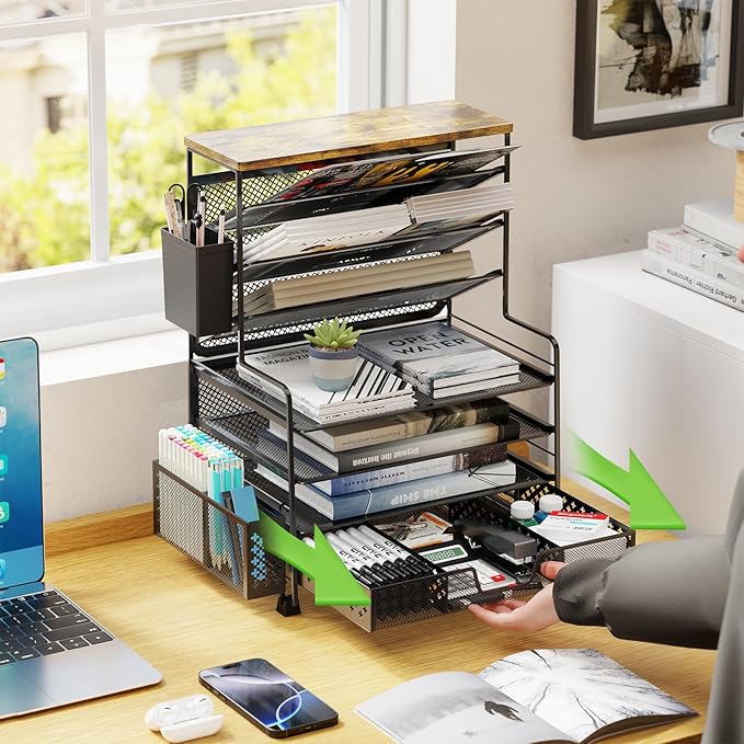 8 Tier Desk File Organizer with Sliding Drawer, Desktop Organizers and Accessories, Letter Size File Organizer for Desk, Black