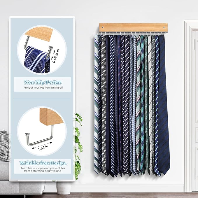 Tie Rack Belt Hanger Wall Mounted, Lomrsiul Non Slip 180 Degree Rotating Tie Organizer for Men Closet with 18 Hooks Closet Organizers and Storage for Tie Belt Necklace Purse Scarf Bag Natural 2 Pack