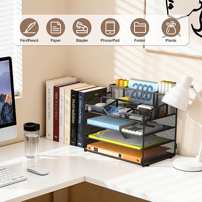 Docnest 4 Tier Mesh Desk Organizer, Multi-Functional Paper Letter Tray with 5 Adjustable Compartments & 3 Pen Holders - Space-Saving Desktop Storage for Office Files, Mail, Stationery - Black