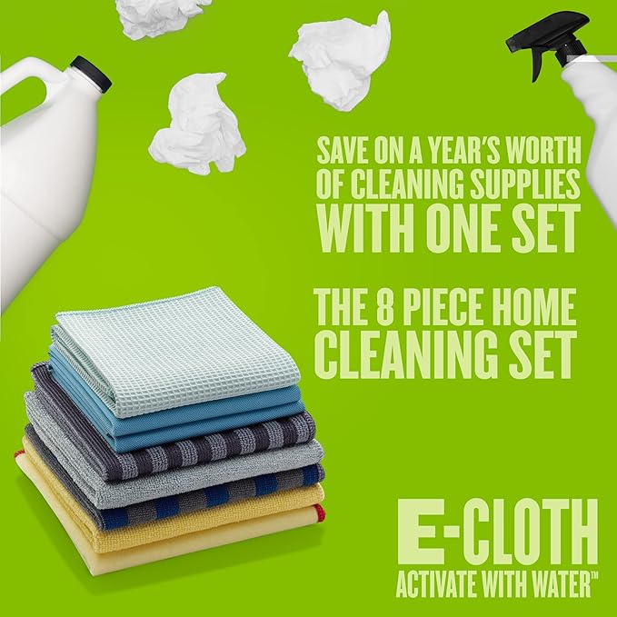 E-Cloth Home Cleaning Set, Premium Microfiber Cleaning Cloth, Household Cleaning Tools & Supplies for Dusting, Bathroom, Kitchen & Cars, Washable & Reusable, 100 Wash Guarantee, 8 Piece Set