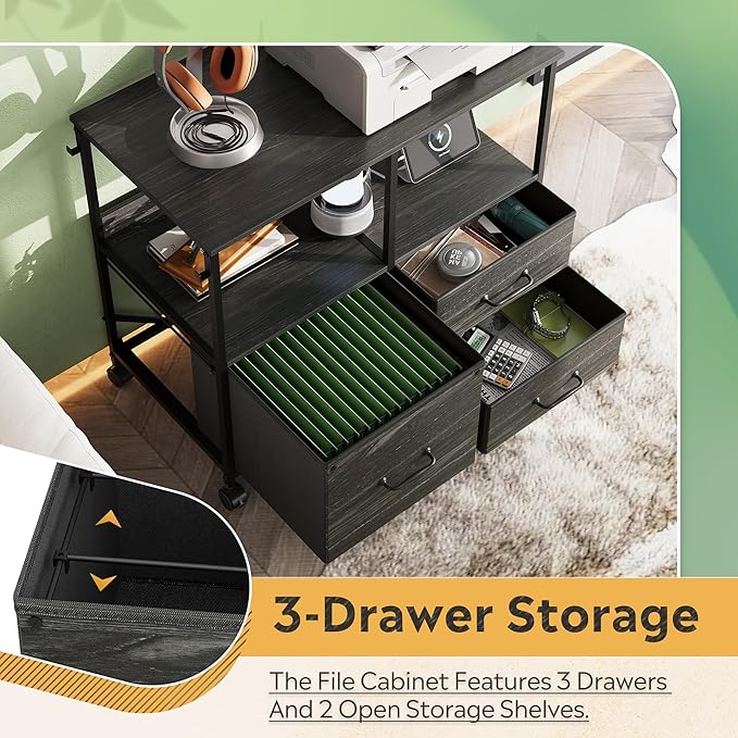 DEVAISE 3 Drawer Mobile File Cabinet, Rolling Printer Stand with Storage Shelf, Fabric Lateral Filing Cabinet fits A4 or Letter Size, Adjustable Shelf for Home Office, Charcoal Black Wood Grain Print