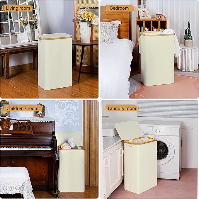 Slim Laundry Hamper,75L Beige Narrow Laundry Basket with Lid,Foldable Clothes Hamper with Bamboo Handles,Hamper Basket with Removable Inner Bag for Laundry Room Bedroom College Dorm