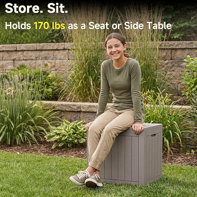 35 Gallon Outdoor Deck Box,Waterproof Resin Outdoor Storage Boxes, Outside Storage Lockable Container for Garden Tools,Indooor Cushions,Accessories (Grey)