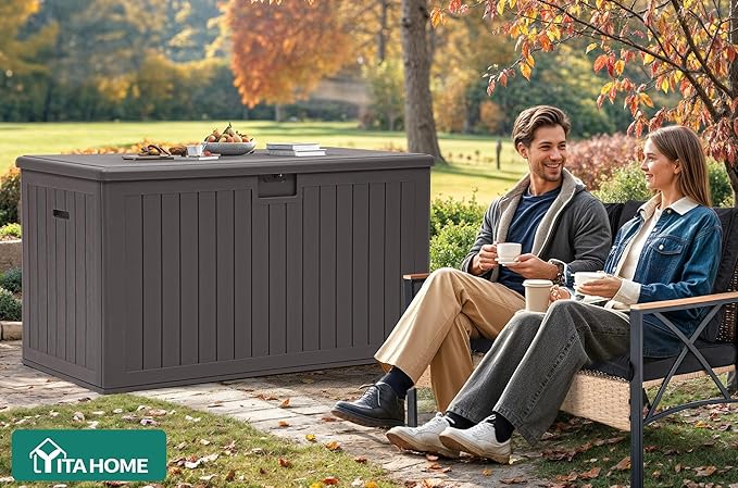 YITAHOME 220 Gallon Extra Large Deck Box, Double-Wall Resin Outdoor Storage Box with Flexible Divider for Patio Cushions Pool Supplies Garden Tools, 990 lbs Load Capacity, Lockable (Brown)