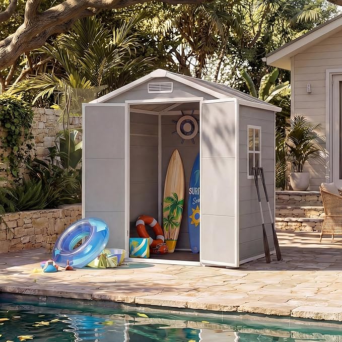 6x4 FT Outdoor Storage Shed with Floor, Plastic Resin Garden Shed with Window & Sloping Roof & Lockable Door for Patio Backyard Garden, Lawn Mower, Bike, Tool Storage