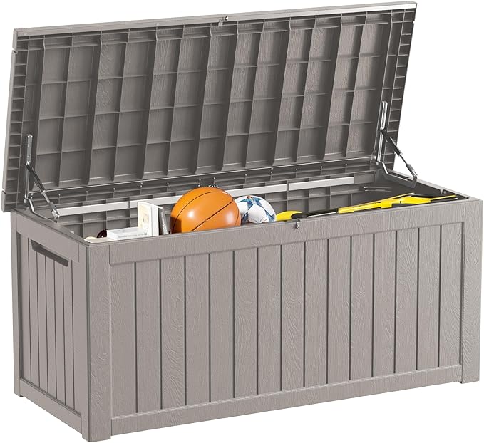 Outdoor Storage Deck Box Waterproof, 270 Gallon Large Lockable Patio Storage Bin Chest, Resin Outside Container Seat Bench for Furniture Cushions, Pool Accessories, Garden Tools & Delivery, Grey