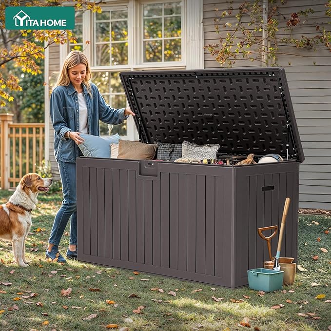 YITAHOME 220 Gallon Extra Large Deck Box, Double-Wall Resin Outdoor Storage Box with Flexible Divider for Patio Cushions Pool Supplies Garden Tools, 990 lbs Load Capacity, Lockable (Brown)