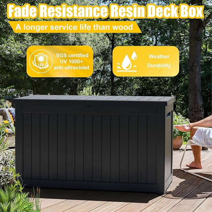 DRATO 280 Gallon Deck Box, Outdoor Large Waterproof Resin Storage Box with Lockable Lid for Patio Cushions, Gardening Tools（Black，280 Gallon）