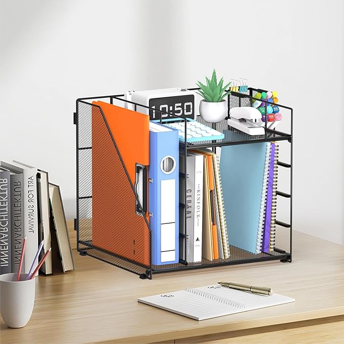 5-Tier Paper Organizer + File Holder + 4 Pen Holders, Desk Organizer Paper Letter Tray for Home, Office and School Supplies, Black