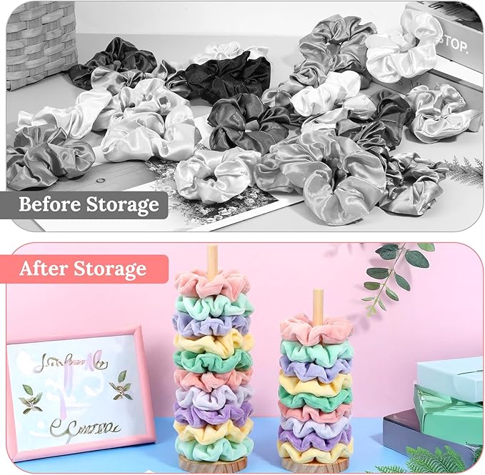 2 Pcs Scrunchie Holder Stand Hair Tie Organizer Vertical 15-20 Scrunchies Hairs Accessories Organizer Display Scrunchy Wood Hair Tie Holder Storage for Women Bathroom Bedroom Decor