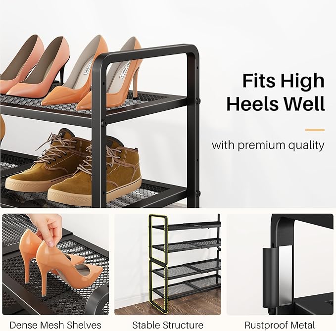Shoe Rack - Expandable Shoe Organizer for Closet, Adjustable Metal Shoe Shelf Storage, Stackable Long Shoe Stand Holder for Garage, Entryway, Door Entrance (Black, 4-Tier)