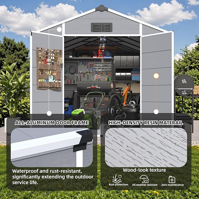 MELLCOM 8 x 12 FT Resin Outdoor Storage Shed with Floor, Outdoor Storage Tool Shed with Windows and Lockable Door, Resin Garden Shed for Garbage Can, Lawnmower, Bike