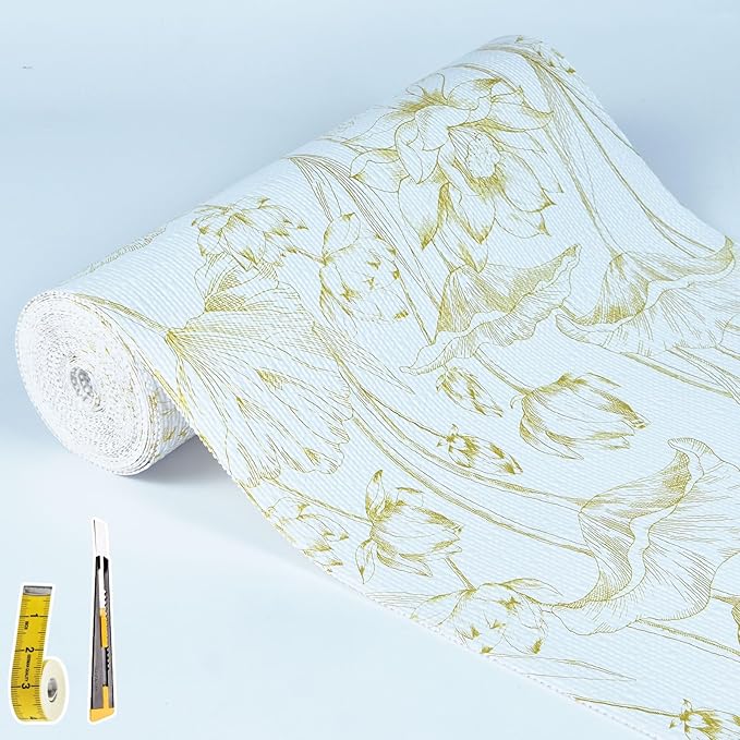 Shelf Liners Non Adhesive Light Base Gold Lotus Pattern - Thickened Non-Slip Easy to Clean Drawer Liner for Kitchen Cabinets, Tool Box, Refrigerator, with Knife & Tape Measure, 12in x 10FT