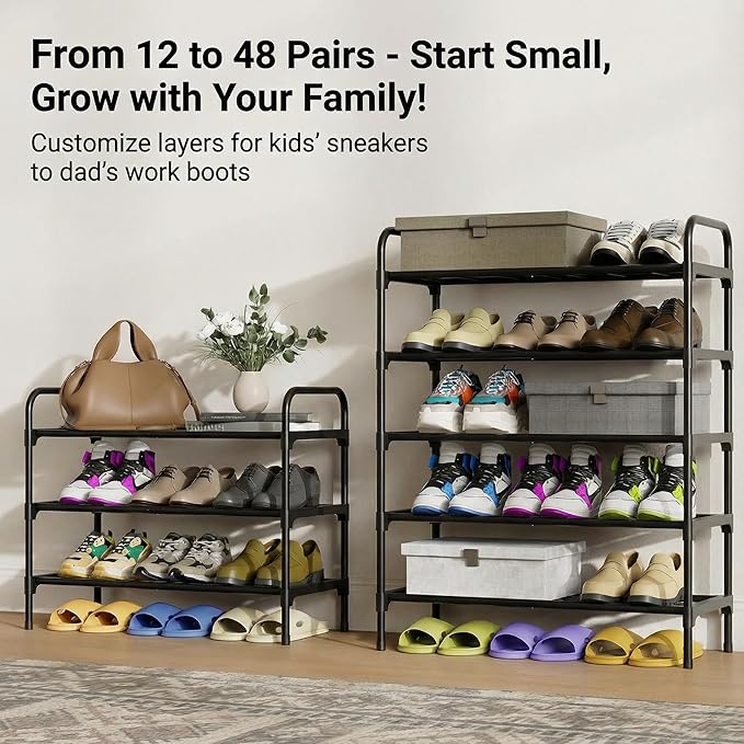 3-Tier Shoe Rack Organlzer, Rustproof lron, Spaclous Shoe Storage Shelf for Closet or Entryway, Fits Sneakers & Slippers, Black