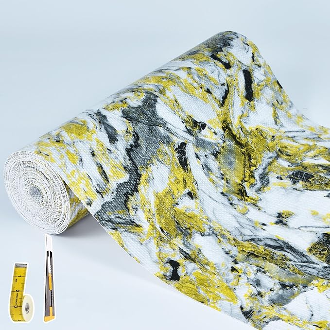 Drawer and Shelf Liner - Yellow Black Marble Pattern,Non Adhesive Non Slip Waterproof Easy-Clean Liner for Kitchen Cabinet, Refrigerator, Bathroom, Pantry Storage Drawers, 12 in x 20 Ft