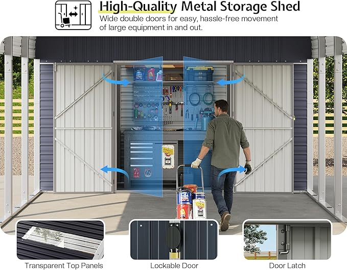 Jocisland 12x24 FT 2-in-1 Carport & Storage Shed, Heavy Duty Carport with Galvanized Steel Roof, 12x4.2 FT Metal Shed with 2 Transparent Panels & Double Doors, Car Canopy for Cars, Boats, Trucks