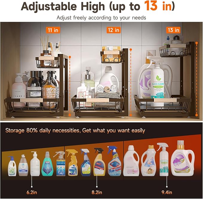 2 Packs Under Sink Organizer, Height Adjustable 2 Tier Under Kitchen sink organizer, Multi-Purpose Storage Shelf for Kitchen Bathroom Cabinet (Brown, Large)