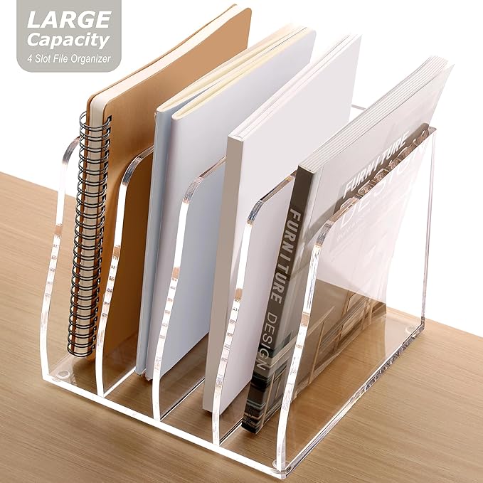 SANRUI Acrylic Desk Magazine File Organizer, 4 Vertical Compartments Clear Document Sorter Organizer Holder Workspace Sorters, Folder Rack for Office Accessories Organization Storage, B5 Size