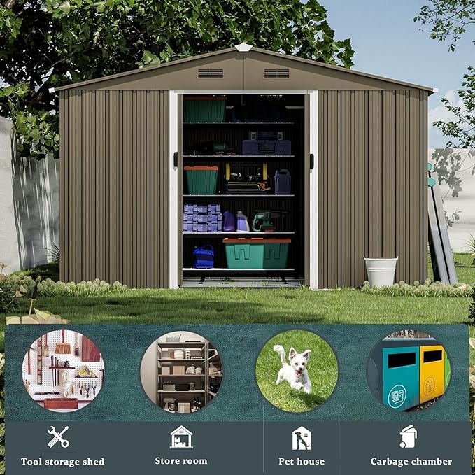 10 x 8 FT Outdoor Storage Shed with Frame Floor, Waterproof Lockable Door Metal Tool Shed with Sliding Door and Ventilation, Gardening Tool Storage Room, Metal Storage Shed for Gardens & Lawns