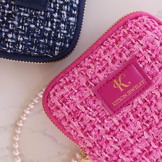 Travel Jewelry Organizer, Tweed Square Bag with 6 Compartments, Pink Zippered Case for Necklaces and Bracelets, Protective Storage Pouch (Navy Blue)