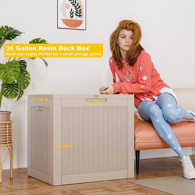 36 Gallon Outdoor Deck Box,Waterproof Resin Outdoor Storage Boxes, Outside Storage Lockable Container for Garden Tools,Indooor Cushions,Accessories (Grey)