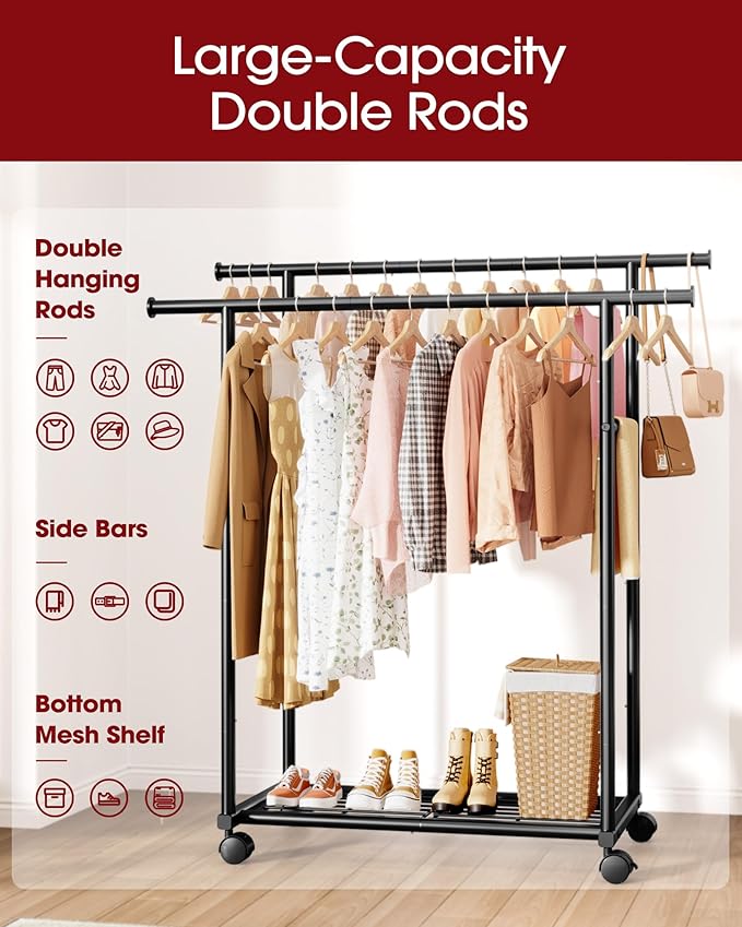 Metal Clothes Rack - Double Rod Clothing Rack with Fixed Extension Rod & Universal Wheels, Coat Rack with Built-In Shelf for Closet Organizers and Storage (38.5" x 16.9" x 59.0", Black)