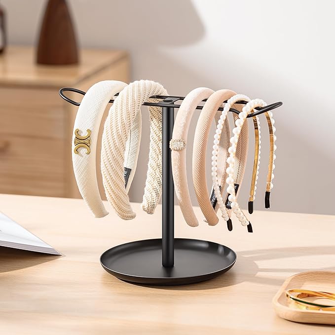 Headband Holder for Hair Accessories: Elegant Organizer with Storage Tray, Perfect for Girls' Vanity, Dresser, or Bathroom, Black