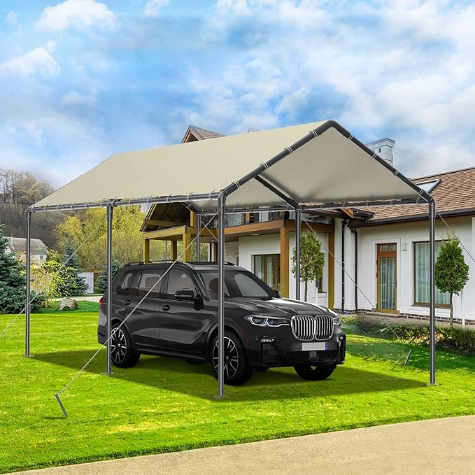 Carport 10x20 Ft Heavy Duty Canopy Steel Canopy Storage Shed,Portable Party Tent,Portable Garage All-Season Tarp for Carport Floor Fixing Beige