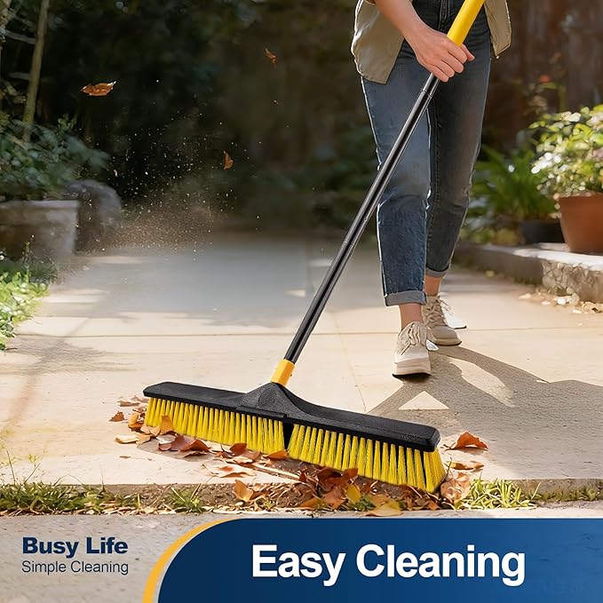 Yocada 24 inch Push Broom Brush 65.3 inch Long Handle Stiff Bristles Heavy-Duty Outdoor Commercial Broom for Cleaning Bathroom Kitchen Patio Garage Deck Concrete Wood Stone Tile Floor