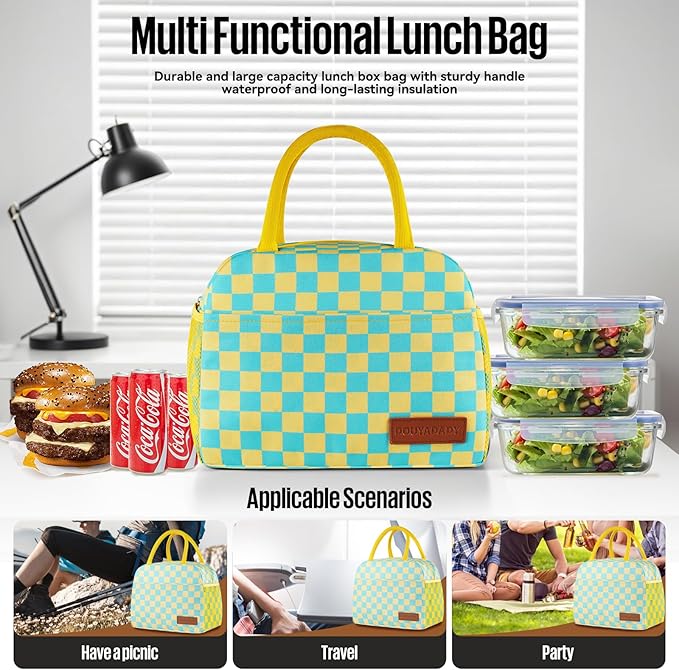 Lunch Bag Women/Men Lunch Box Women/Men (Yellow+Blue Checkerboard)