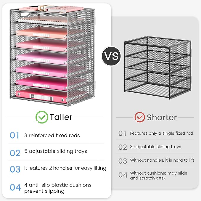 Lavatino 8-Tier Office Desk File Organizer, Letter Tray Paper Organizer with Handle, Including 5 Adjustable Slide Trays for Organizing Desktop Workspace Accessories and Supplies (Silver Metal Mesh)