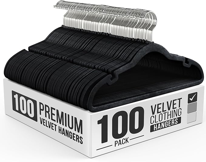 100 Pack Velvet Hanger for Shirt Pants Dresses Skirts Suits Jackets - Slim Space Saving Design - Standard Coat Hanger - Sturdy & Durable Design with Shoulder Grooves Hook