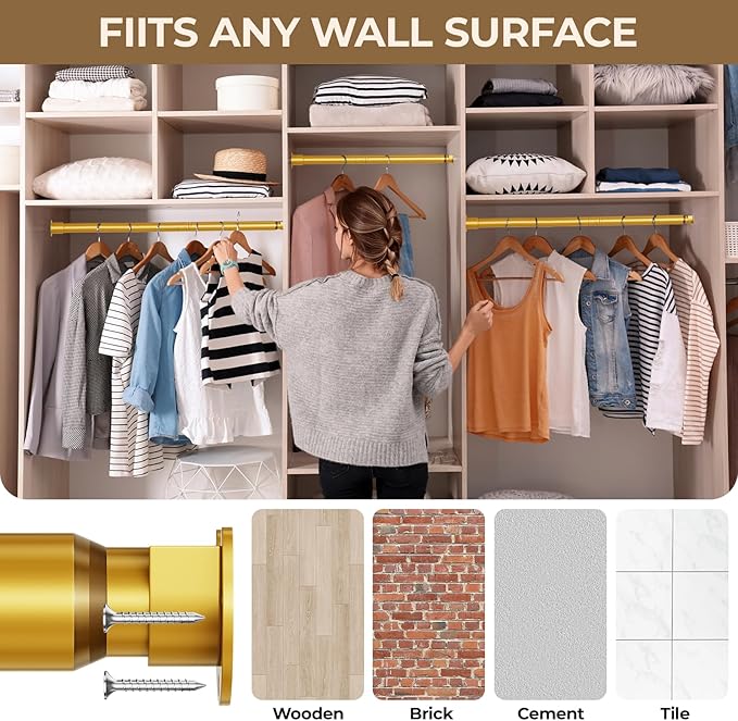 Mavivegue Closet Rod, 17 to 84 Inch Gold Adjustable Closet Rods for Hanging Clothes, Hanging Rod for Closet Wardrobes Laundry RV, Bathroom