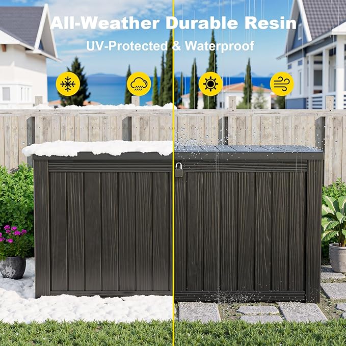 ROJIK Outdoor Storage Housing Deck Box - Waterproof Patio Furniture, Garden Tools, Cushions, Pool Accessories Storage Bench with Lockable Lid and Side Handles (Black 158 Gal)