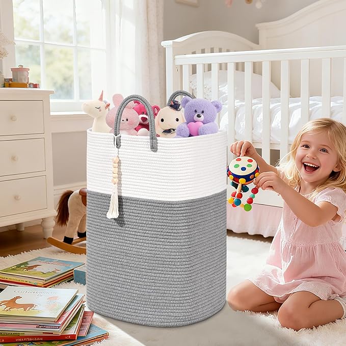Woven Laundry Basket for Clothes, 65L Large Rectangle Laundry Hampers with Beads Tassel, Nursery Storage Basket for Toys, Tall Dirty Clothes Hamper for Bedroom Aesthetic, Laundry Room Organization