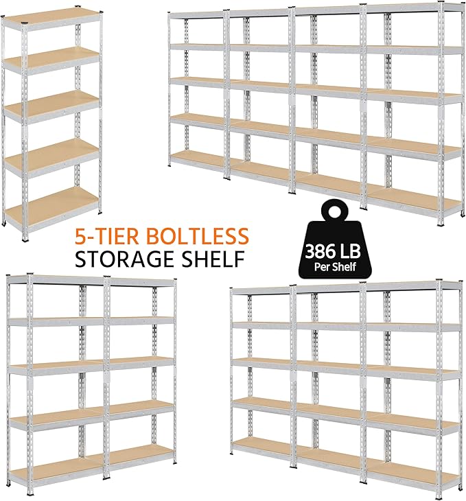 Topeakmart 5-Tier Utility Shelves, Metal Storage Shelves, Adjustable Shelving Units, Boltless Assembly, Garage Shelves Shed Shelving for Warehouse Garage Shed Basement- Silver, 27.5 x 12x 60 Inch