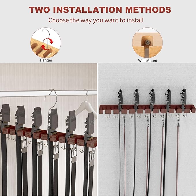 Belt Hanger for Closet Max 42 Belts, 2-in-1 Wall Mount Belt Organizer with 360° Rotating Hooks, Wooden Tie and Belt Rack for Closet Accessories Organizers and Storage, Walnut Wood