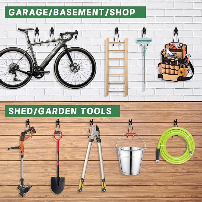 4-Piece Garage Hooks Wall Mount Storage Hanger with 4 Extension Cord Holder Organizer, Heavy-Duty Steel, 7.5 inch Ladder Hooks for Garage Wall