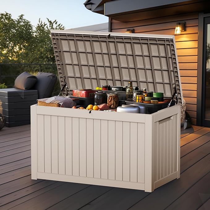230 Gallon Resin Large Deck Box, Waterproof Outdoor Storage box for Patio Cushions, Garden Tools, Lockable (Brown)