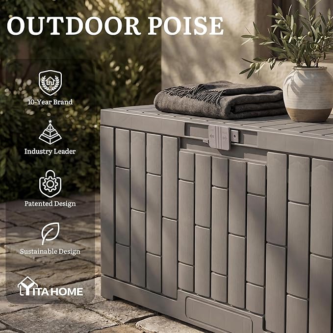 YITAHOME 60 Gallon Outdoor Storage Box, Lockable Resin Deck Box with Handles, Waterproof Outdoor Storage Box for Patio Furniture, Garden Tools and Pool Accessories, Light Brown