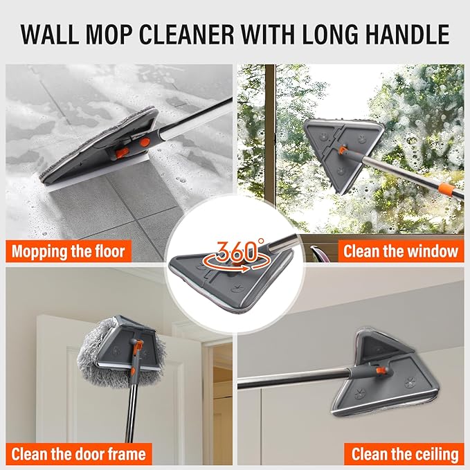 Wall Cleaner Mop with Long 85" Handle,Baseboard Cleaner Tool with Handle,180° Folding Ceiling Tool Duster with Squeegee,360 Rotatable Wall Mop,10 Replacement Pads for Cleaning Baseboard,Window