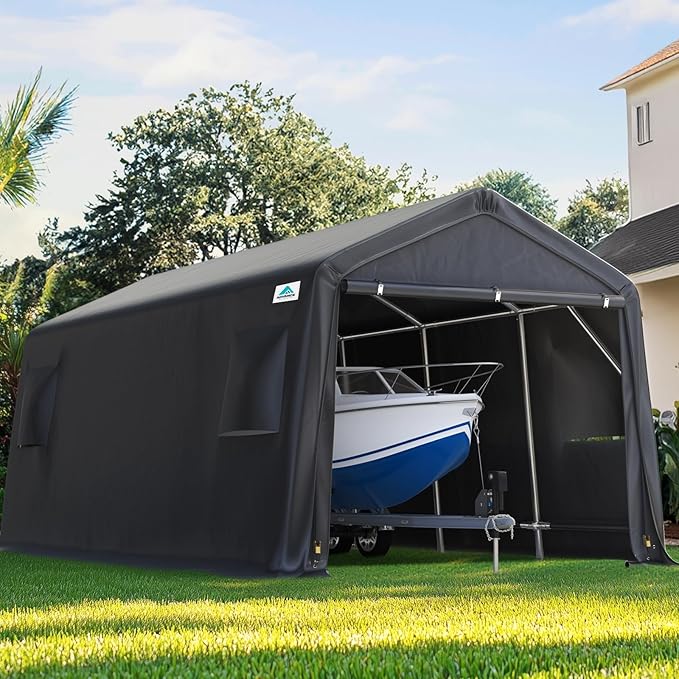 ADVANCE OUTDOOR Heavy Duty 10x20 ft Carport Outdoor Patio Portable Canopy Storage Shelter Shed with 2 Roll up Zipper Doors & Vents for Snowmobile Garden Tools, Gray