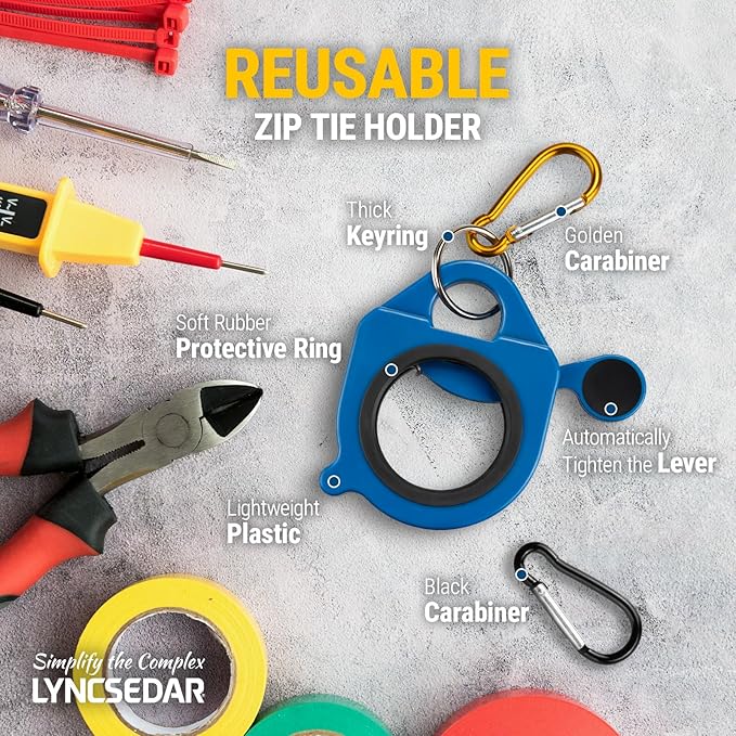 Zip Tie Holder, 4 Pack Assorted Colors WYGB Reusable Cable Tie Holder, No.5 Carabiner, ABS Plastic, Outdoor Use, Heavy Duty Ziptie Organizer Clip for Electrician Tool Belt Wrap Storage