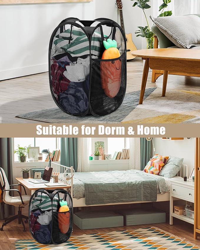HOUSE AGAIN Mesh Popup Laundry Hamper, [Reinforced] Collapsible Laundry Basket, Foldable Pop Up Hamper with Durable Handles, Easy to Open and Fold for Dorm, Laundry Room, Bedroom, Travel, (Black)