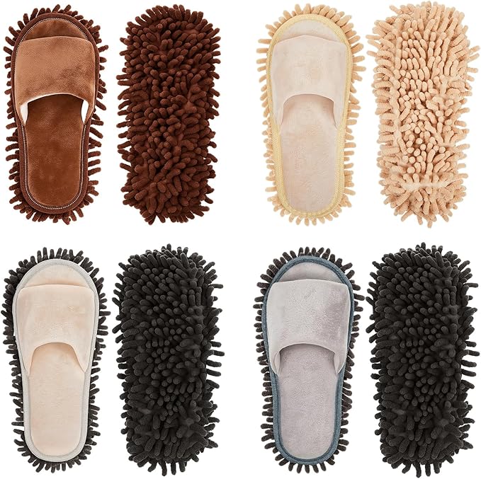 Jecery 4-Pair Washable Microfiber Mop Slippers - Detachable Dusting Shoes for Floor Cleaning, Office & Home Use - Suitable for Women & Men(Blue,Beige,Brown, White,M Size)