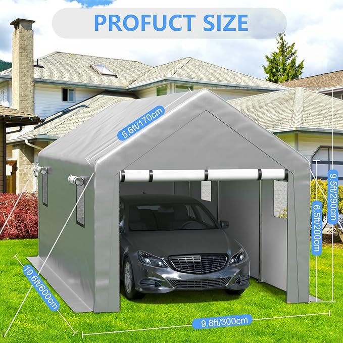 Carport 10x20 FT Enclosed Carport with Roll-up Windows, Portable Garage with Removable Sidewalls & Doors, Car Canopy Tent with Sandbags All-Season Tarp for Car Boat Truck Motorcycle