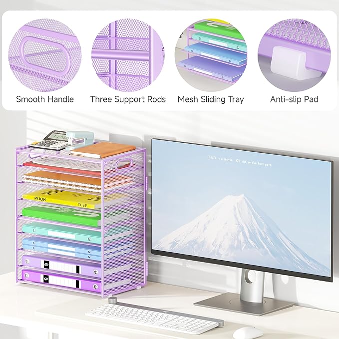 9 Tier Paper Organizer with Handle, 2 Pack Large Capacity Desk Organizer Mesh Paper Letter Tray File Folder Document Sorter for Classroom and Office Accessories Organization- Purple