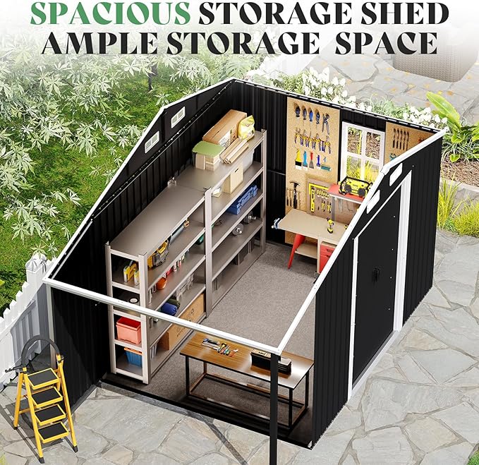 Jocisland 10.6x6.8x6.3 FT Outdoor Storage Shed with Sliding Doors, Two 4-Pane Windows, Open-Air Design Outdoor Shed for Wood Storage, Dark Grey/White